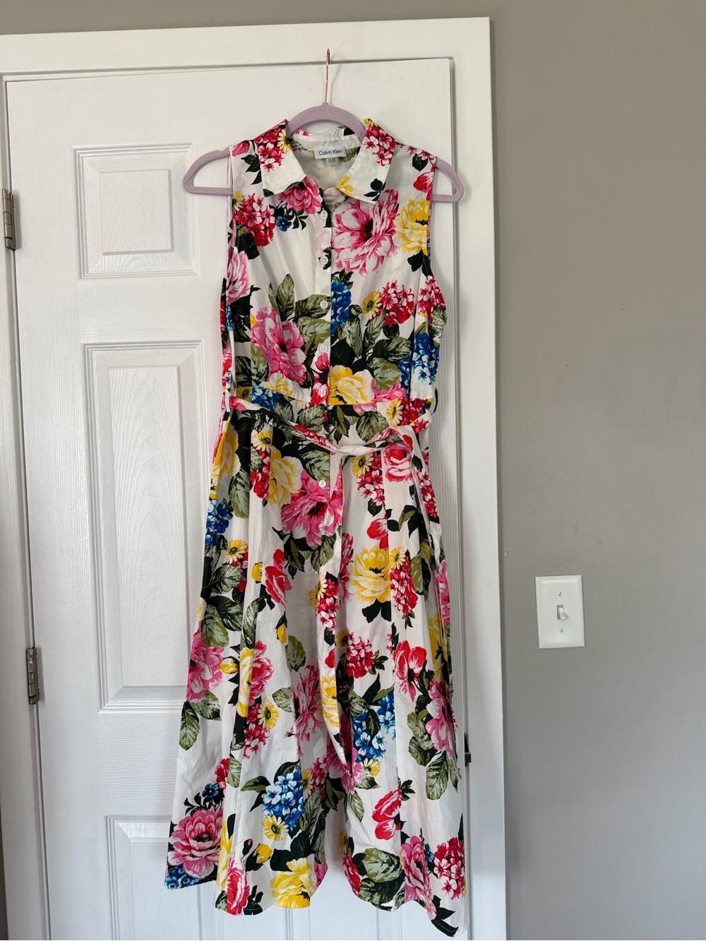 Calvin Klein Multicolor White Floral Sleeveless Maxi Dress Tie Waist